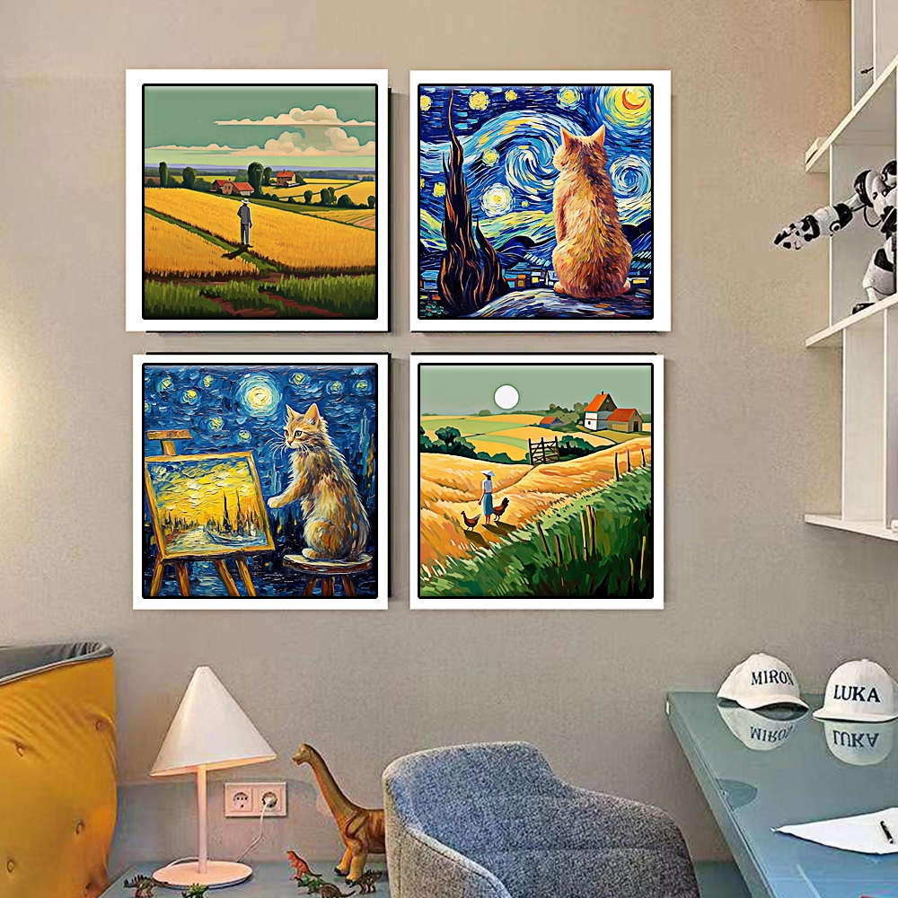 Drofe【40*40 ซม】ระบายสีตามตัวเลข/ภาพระบายสีตามตัวเลข/Van Gogh Starry Sky Cat ในทุ่งข้าวสาลี/การ์ตูนแอ