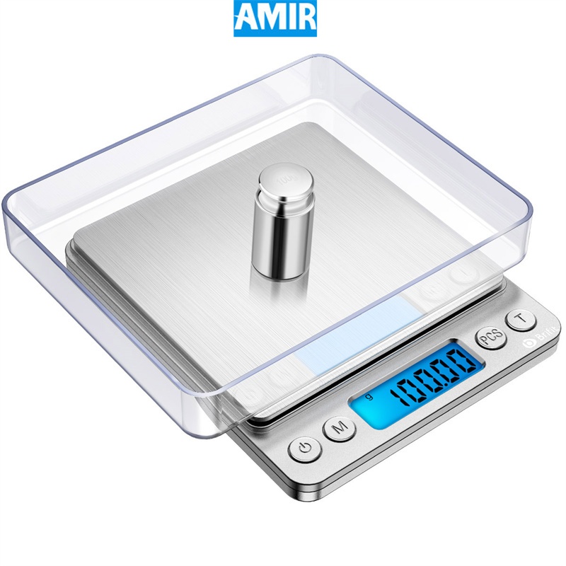 Amir เครื่องชั่งดิจิตอลในครัว 500g/ 0.01g เครื่องชั่งเครื่องประดับพกพาขนาดเล็ก, น้ําหนักบรรจุ 100g, เครื่องชั่งอาหารทําอาหาร, ถาด 2 ถาด, 6 หน่วย, สแตนเลส