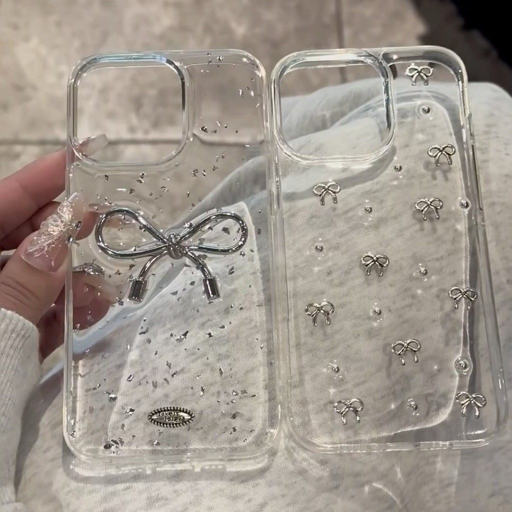 เคสโทรศัพท์มือถืออีพ็อกซี่ใส แบบนิ่ม ลายกลิตเตอร์ฟอยล์ 3D ประดับโบว์ หรูหรา สําหรับ for Iphone 17 16 15 14 13 12 11 Pro Max 14 15 Plus