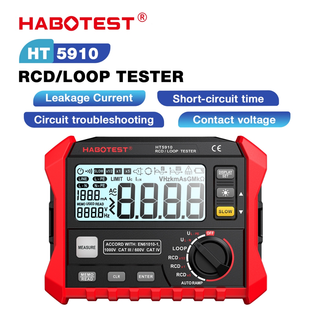 HABOTEST HT5910 เครื่องทดสอบ RCD / Loop แบบดิจิตอล 4.7 นิ้ว LCD Resistance Meter การรั่วไหลของสวิตช์ Tester 1000 โวลต์มิเตอร์จัดเก็บข้อมูล