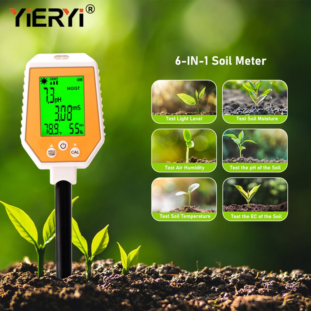 Yieryi เครื่องวัดค่า pH ในดิน 6 in 1 สําหรับสวน สนามหญ้า ฟาร์ม สวน ผัก แสงแดด ความชื้นในดิน