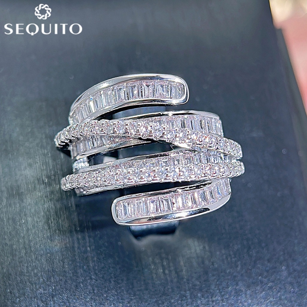 Sequito แหวนเพทาย ทรงเรขาคณิต สีเงิน ปรับได้ สีขาว เครื่องประดับ สําหรับผู้หญิง R149
