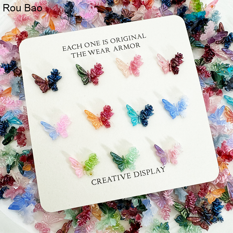 Rou Bao กลิตเตอร์เรซิ่น รูปผีเสื้อ ดอกไม้ สีเรืองแสง สําหรับตกแต่งเล็บ DIY 50 ชิ้น