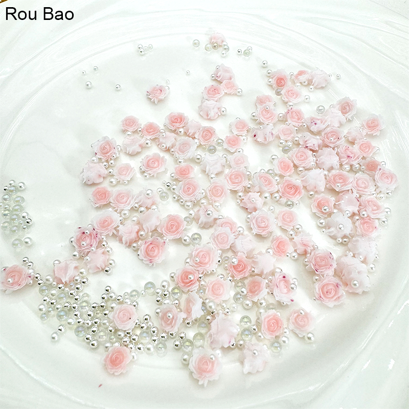 Rou Bao ลูกปัดเรซิ่น รูปดอกกุหลาบ สไตล์จีน พร้อมไข่มุก สําหรับตกแต่งเล็บ DIY 5 กรัม ต่อแพ็ก
