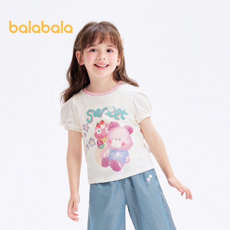 Balabala เสื้อยืดแขนสั้น ผ้าฝ้าย พิมพ์ลาย แฟชั่นฤดูใบไม้ผลิ และฤดูร้อน สําหรับเด็กผู้หญิง 2024