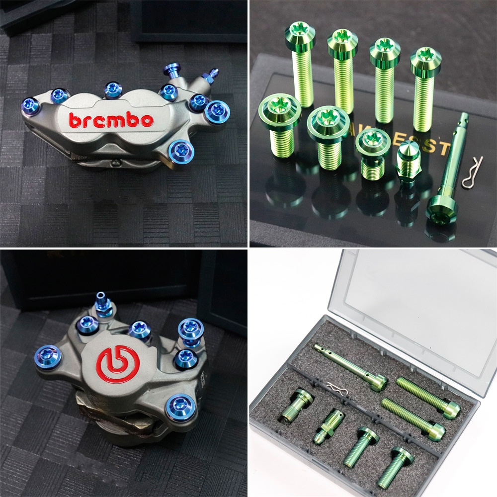 FLAWLESSTI น๊อตไททาเนียม เกรด5 ชุดน็อต สำหรับ ปั้มเบรค Brembo 4 Pot 2 Pot ปักข้างเทาโลโก้แดง For Honda Forza 350 Wave 125i/R/S PCX 160 Giorno 125 Yamaha Xmax 300 Tmax 560 530