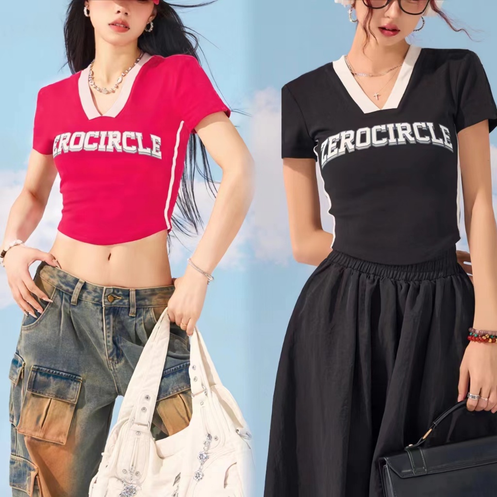 Luna เสื้อยืดตัวสั้น ตัวอักษรอเมริกันย้อนยุคหวานและเผ็ดพิมพ์แขนสั้นลดความอ้วนและกระชับสัดส่วน
