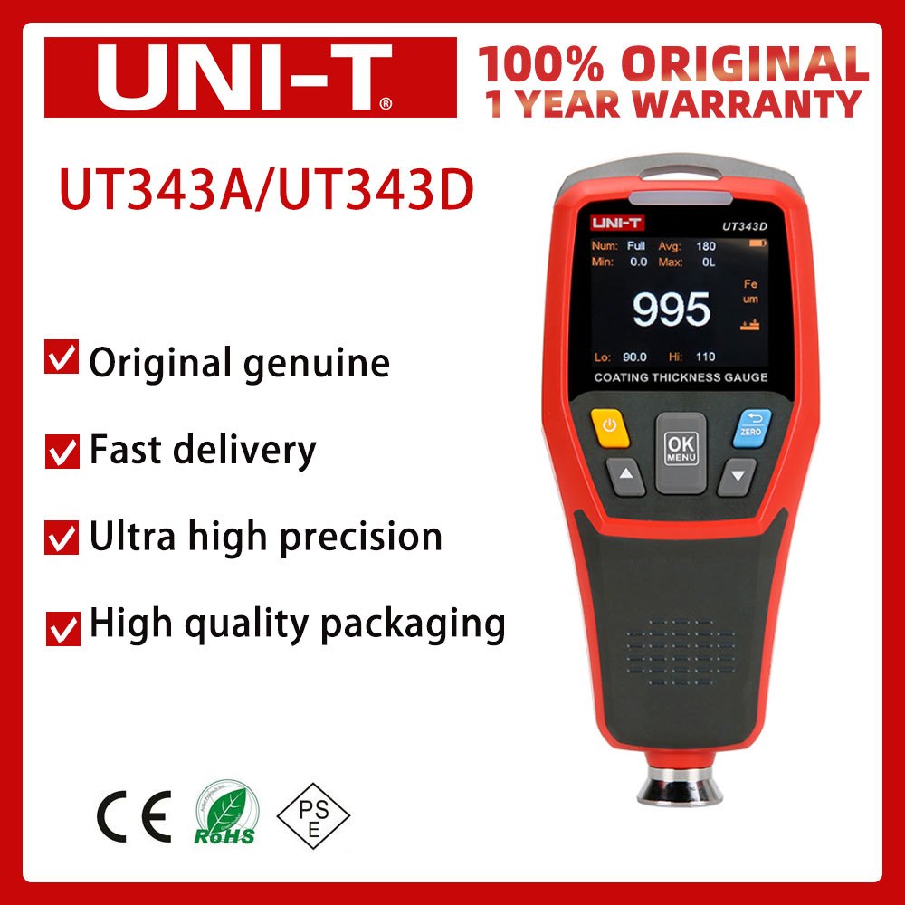 มาตรวัดความหนาของการเคลือบผิวสีรถยนต์ UT343D UT343A UNI-T มิเตอร์ดิจิตัลเครื่องทดสอบ NFE FE สำหรับคว