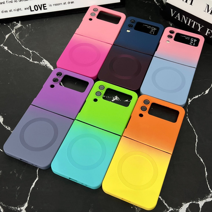 เคสโทรศัพท์ซิลิโคนเหลวไล่ระดับสีพร้อมฟิล์มเลนส์สําหรับ Samsung Galaxy Z-Flip3 Z-Flip4 Z-Flip5 Flip6 Flip7 แม่เหล็กดึงดูดพับเคสป้องกันการตก