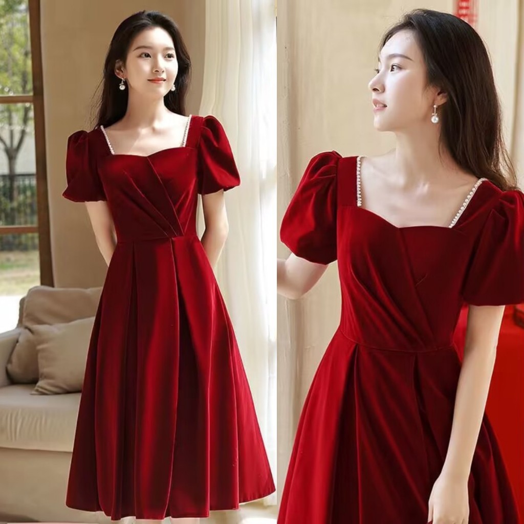 ชุดเดรสเจ้าสาว สีไวน์แดง แฟชั่นฤดูร้อน สไตล์ฝรั่งเศส สําหรับเพื่อนเจ้าสาว