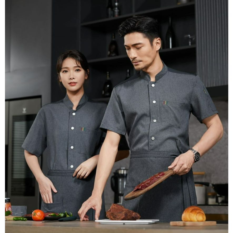 เสื้อเชฟแขนสั้น สีเทา แฟชั่นฤดูร้อน สําหรับเชฟร้านอาหาร โรงแรม ห้องครัว เหมาะกับผู้ชาย และผู้หญิง