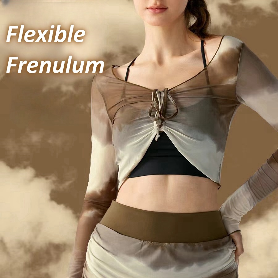 L.CIRCLEเสื้อผ้าออกกําลังกายเซ็กซี่สไตล์ใหม่พิมพ์ตาข่ายกีฬาแขนยาว