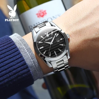 PlayBoy นาฬิกา ผู้ชาย แฟชั่น watch 100% แท้ นาฬิกาข้อมือกันน้ำได้ ควอตซ์ สายสเตนเลส เรียบง่าย หรูหรา สีดำ ธุรกิจ 3301