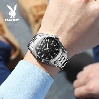 PlayBoy นาฬิกา ผู้ชาย แฟชั่น watch 100% แท้ นาฬิกาข้อมือกันน้ำได้ ควอตซ์ สายสเตนเลส เรียบง่าย หรูหรา สีดำ ธุรกิจ 3301