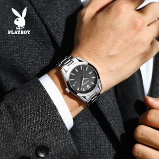 PlayBoy นาฬิกา ผู้ชาย แฟชั่น watch 100% แท้ นาฬิกาข้อมือกันน้ำได้ ควอตซ์ สายสเตนเลส เรียบง่าย หรูหรา สีดำ ธุรกิจ 3301