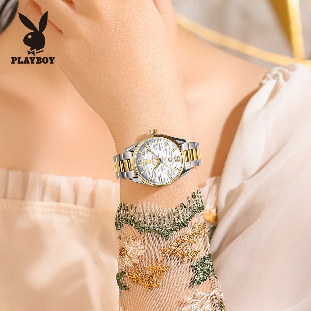 PlayBoy นาฬิกา ข้อมือ ผู้หญิง แฟชั่น watch 100% นาฬิกาข้อมือกันน้ำได้ หญิง ควอตซ์ สายสเตนเลส ทอง แนวโน้ม เรียบง่าย หรูหรา 3302