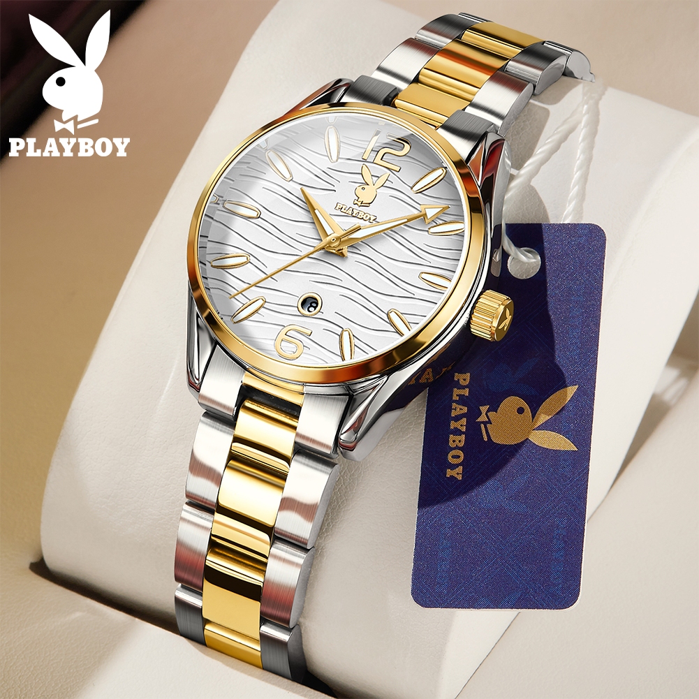 PlayBoy นาฬิกา ข้อมือ ผู้หญิง แฟชั่น watch 100% นาฬิกาข้อมือกันน้ำได้ หญิง ควอตซ์ สายสเตนเลส ทอง แนวโน้ม เรียบง่าย หรูหรา 3302