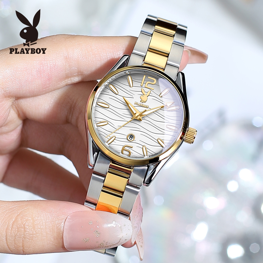 PlayBoy นาฬิกา ข้อมือ ผู้หญิง แฟชั่น watch 100% นาฬิกาข้อมือกันน้ำได้ หญิง ควอตซ์ สายสเตนเลส ทอง แนวโน้ม เรียบง่าย หรูหรา 3302