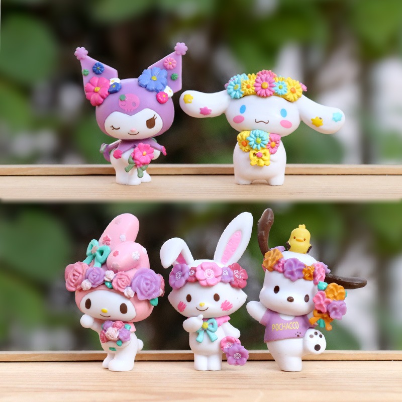 โมเดลฟิกเกอร์ PVC อนิเมะญี่ปุ่น My Melody Kuromi Cinnamoroll Pochacco Rabbit Garland Q Version ขนาด 4-6 ซม. ของเล่นสําหรับเด็ก 5 ชิ้น ต่อชุด