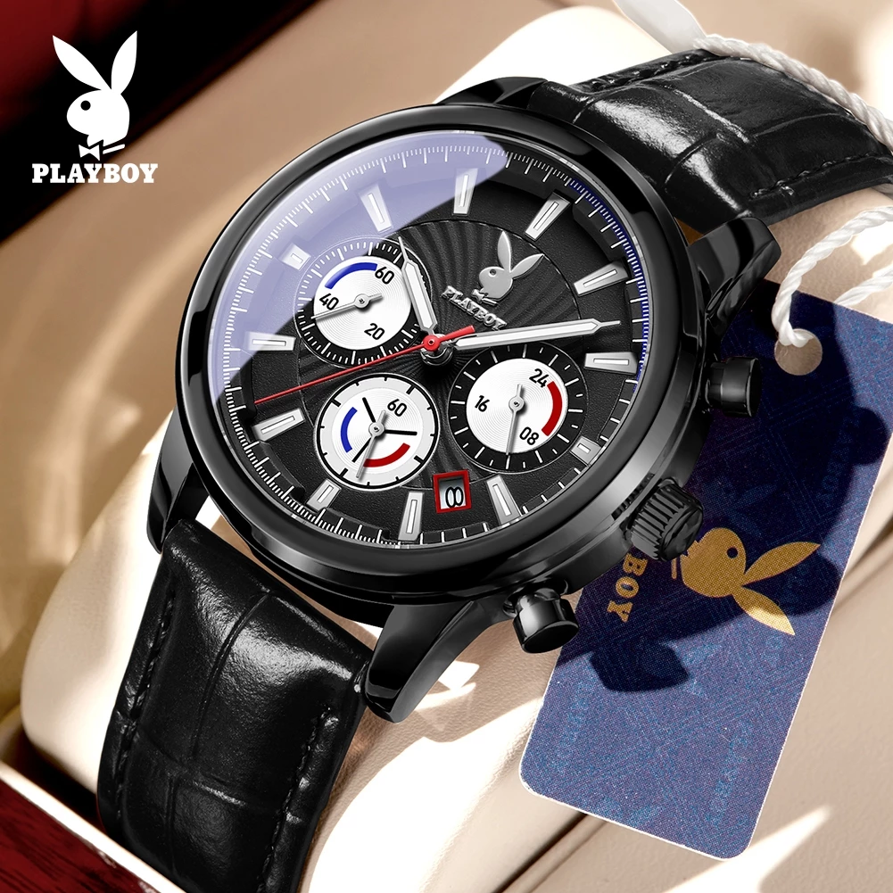 PlayBoy นาฬิกา ผู้ชาย แฟชั่น watch 100% แท้ นาฬิกาข้อมือกันน้ำได้ ควอตซ์ หนัง เรียบง่าย หรูหรา สีดำ มัลติฟังก์ชั่น 3305