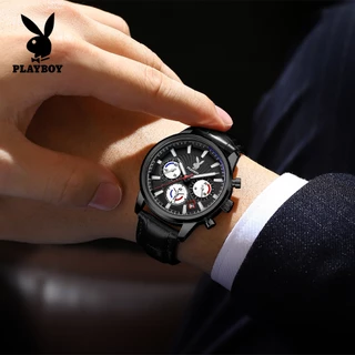 PlayBoy นาฬิกา ผู้ชาย แฟชั่น watch 100% แท้ นาฬิกาข้อมือกันน้ำได้ ควอตซ์ หนัง เรียบง่าย หรูหรา สีดำ มัลติฟังก์ชั่น 3305