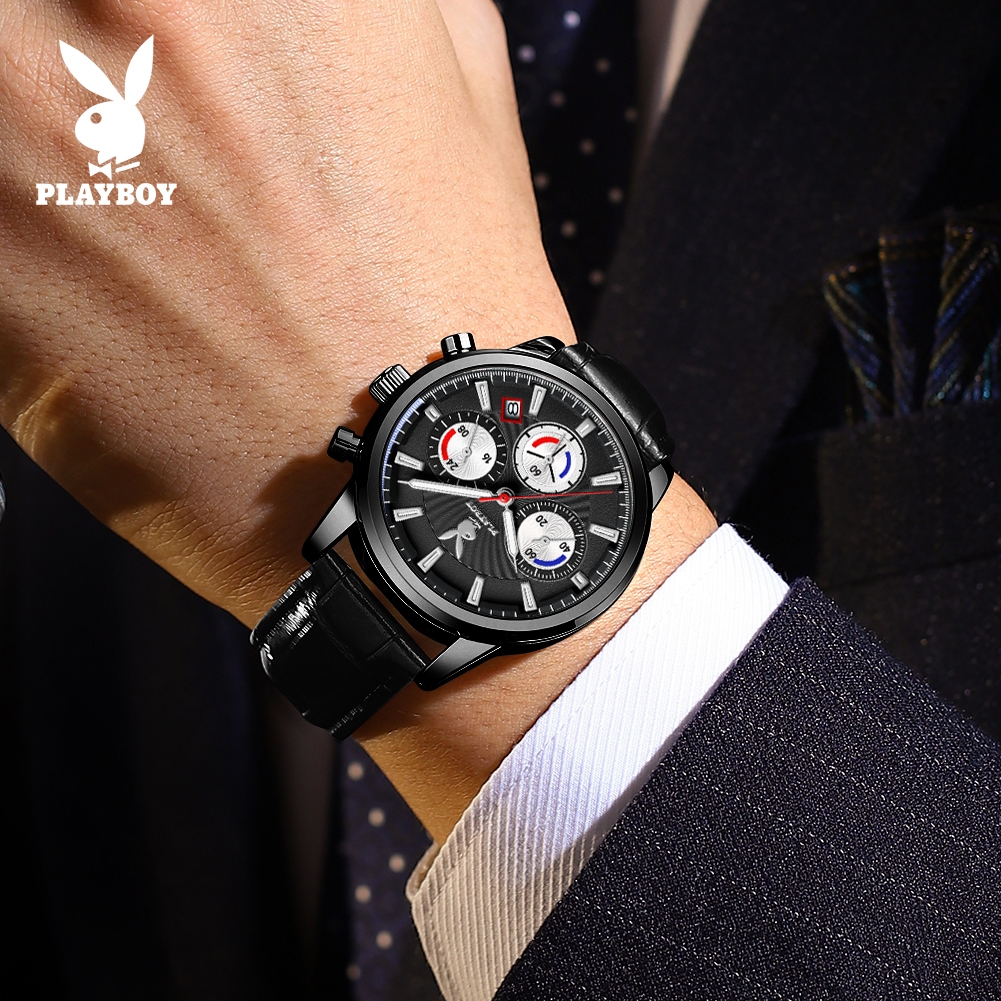 PlayBoy นาฬิกา ผู้ชาย แฟชั่น watch 100% แท้ นาฬิกาข้อมือกันน้ำได้ ควอตซ์ หนัง เรียบง่าย หรูหรา สีดำ มัลติฟังก์ชั่น 3305