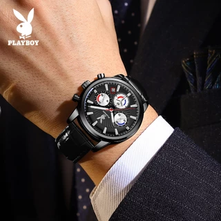 PlayBoy นาฬิกา ผู้ชาย แฟชั่น watch 100% แท้ นาฬิกาข้อมือกันน้ำได้ ควอตซ์ หนัง เรียบง่าย หรูหรา สีดำ มัลติฟังก์ชั่น 3305