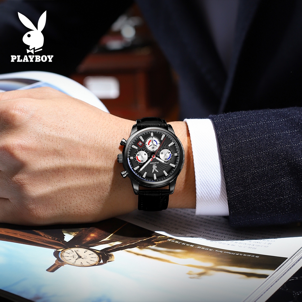 PlayBoy นาฬิกา ผู้ชาย แฟชั่น watch 100% แท้ นาฬิกาข้อมือกันน้ำได้ ควอตซ์ หนัง เรียบง่าย หรูหรา สีดำ มัลติฟังก์ชั่น 3305