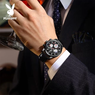 PlayBoy นาฬิกา ผู้ชาย แฟชั่น watch 100% แท้ นาฬิกาข้อมือกันน้ำได้ ควอตซ์ หนัง เรียบง่าย หรูหรา สีดำ มัลติฟังก์ชั่น 3305