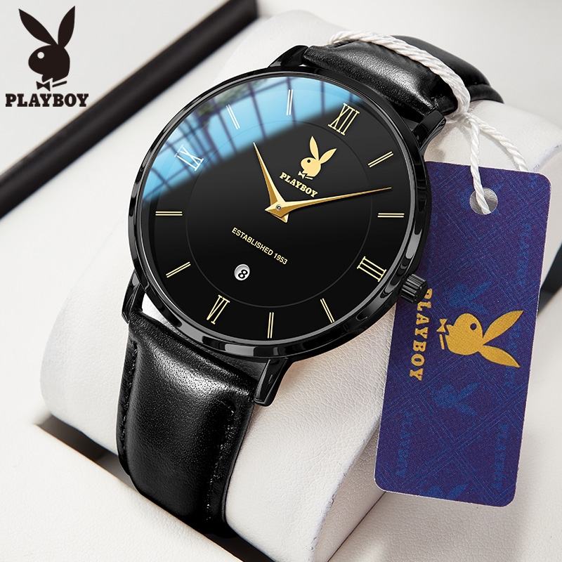 PlayBoy นาฬิกา ผู้ชาย แฟชั่น watch 100% แท้ นาฬิกาข้อมือกันน้ำได้ ควอตซ์ หนัง เรียบง่าย หรูหรา สีดำ ธุรกิจ 2601-H