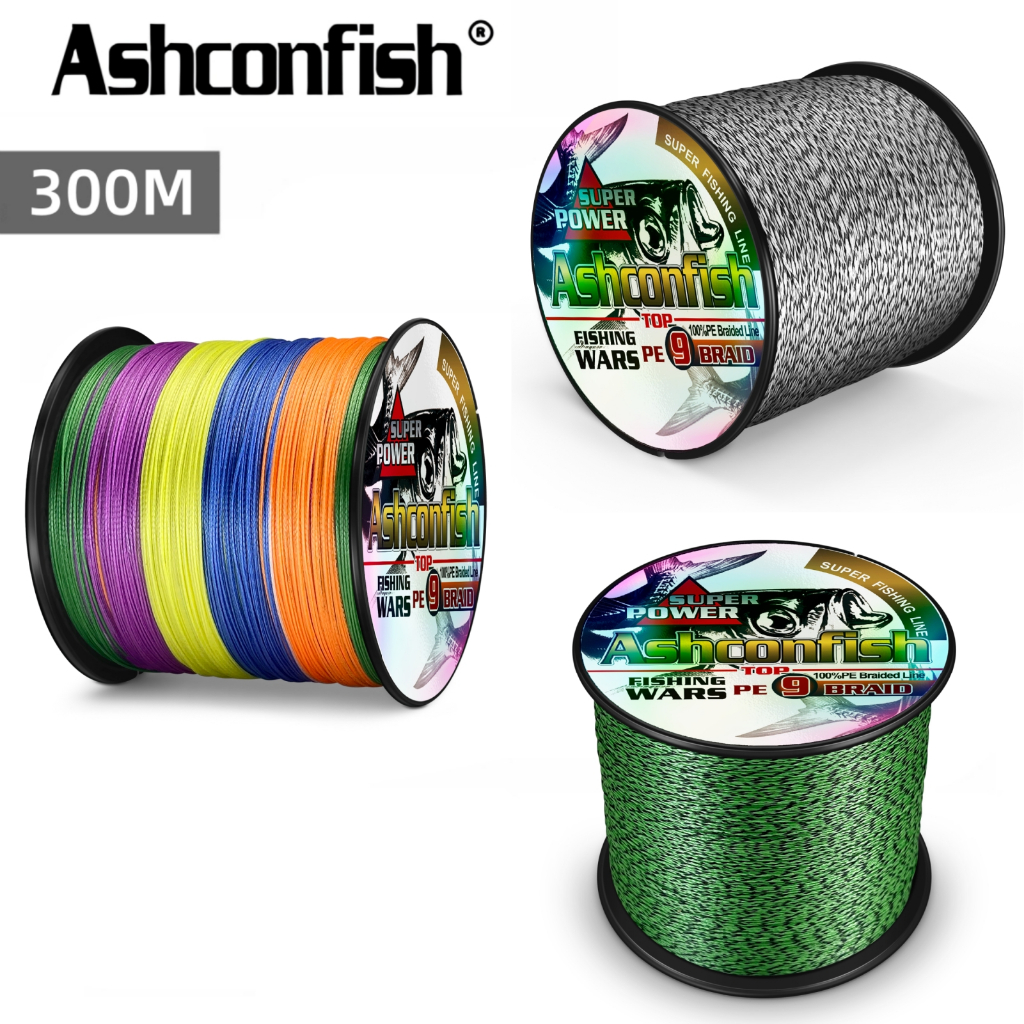 Ashconfish สายเอ็นตกปลา PE แบบถัก 300 ม. X9 9 เส้น สีดํา ขาว เหลือง