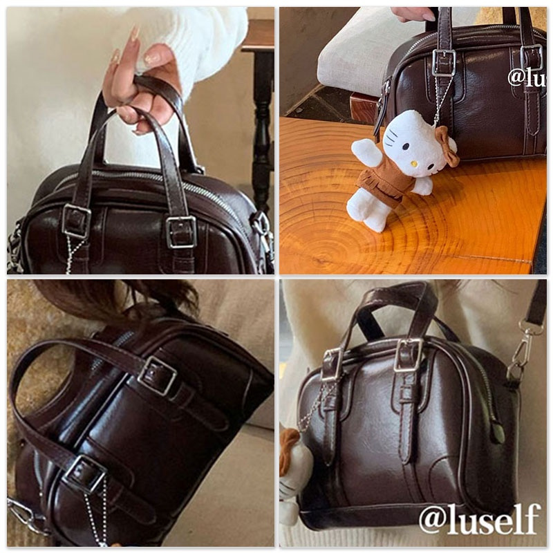 Mousoon กระเป๋าสะพายผู้หญิงเวอร์ชั่นเกาหลี Vintage Maillard Ins กระเป๋าโบว์ลิ่งแบบพกพา