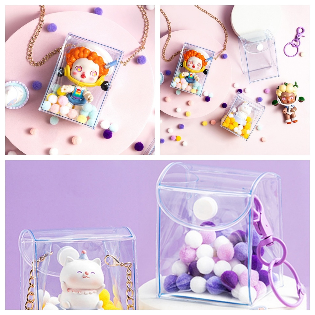 กล่องเก็บตุ๊กตา PVC ใส แฮนด์เมด พร้อมตะขอ และลูกบอลขนเฟอร์ 1 ชิ้น