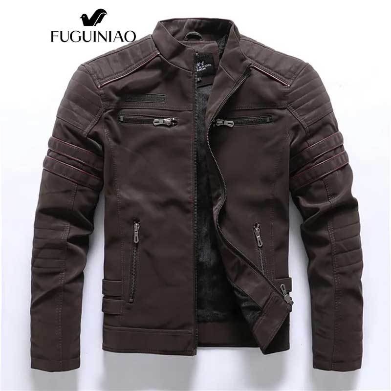 Fuguiniao เสื้อแจ็กเก็ตหนัง PU ปักลายรถจักรยานยนต์ ให้ความอบอุ่น หลายกระเป๋า สไตล์วินเทจ แฟชั่นฤดูใบไม้ร่วง ฤดูหนาว สําหรับผู้ชาย