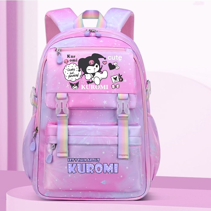 กระเป๋าเป้สะพายหลัง ลายการ์ตูนคุโรมิ สีรุ้ง น้ําหนักเบา ไล่โทนสี สําหรับเด็กผู้หญิง นักเรียน 2024 kuromi