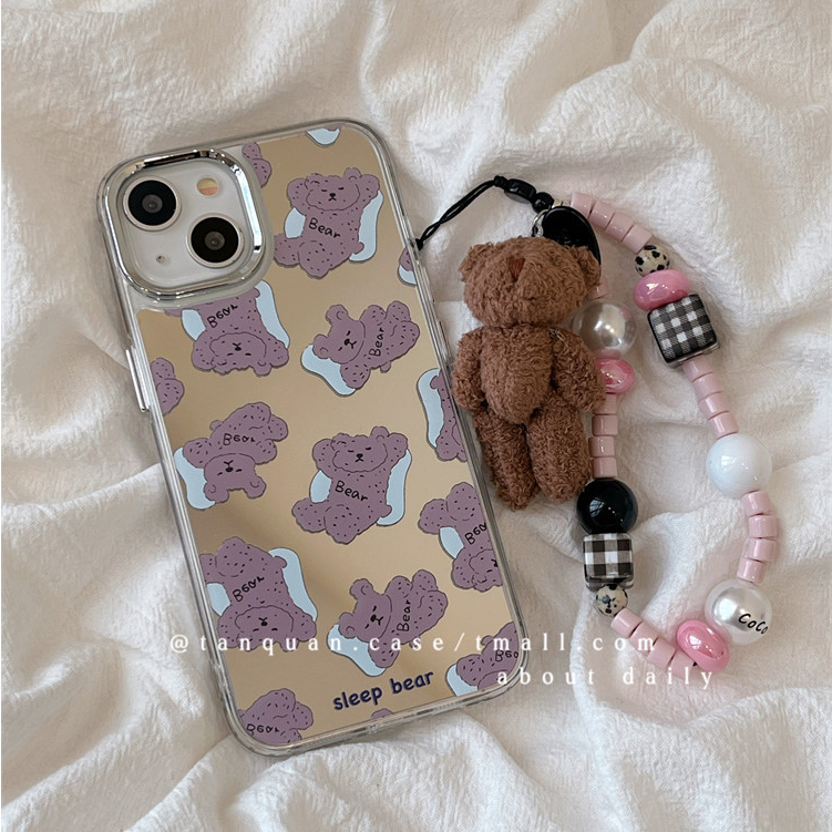 Huiwanju เคสโทรศัพท์มือถือแบบแข็ง กระจก ลายการ์ตูนหมี พร้อมสายโซ่คล้อง สไตล์ญี่ปุ่น เกาหลี สําหรับ iPhone 15 Pro 14 Promax 13 12 11 14 13 Pro 12 Pro