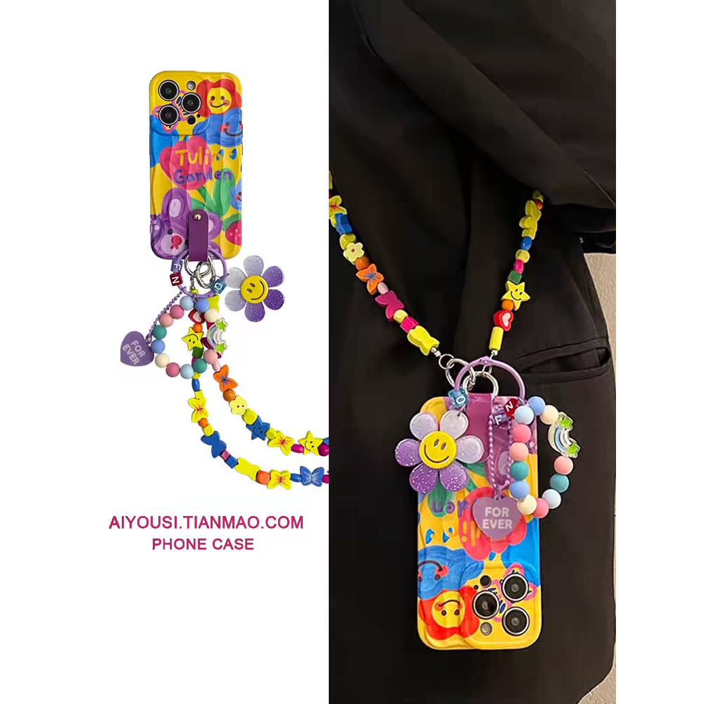 เคสโทรศัพท์มือถือ ซิลิโคนนิ่ม กันกระแทก ลายดอกไม้หน้ายิ้ม สีรุ้ง สีม่วง พร้อมสายคล้อง สําหรับ Iphone 15Promax 14 13 12 11 14pro