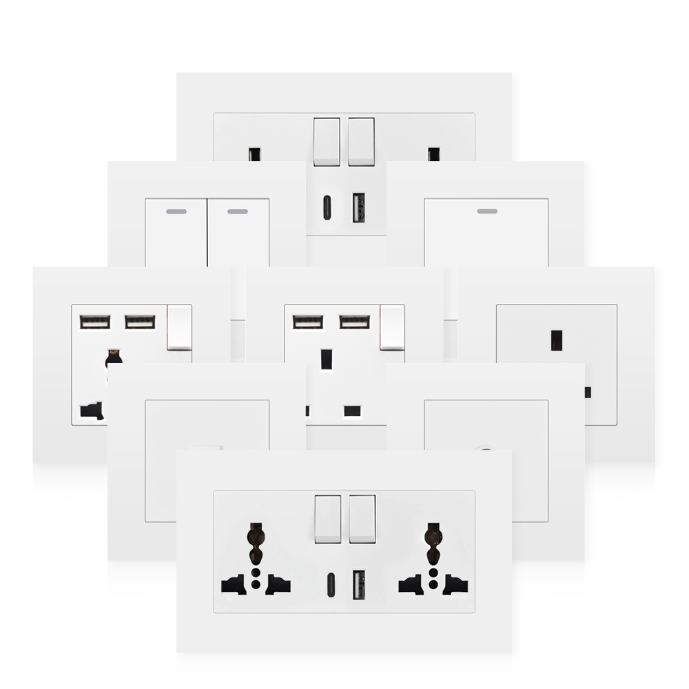 VISWE เต้าปลั๊กไฟ สวิตไฟ ปลั๊กไฟ 2 ขา ปลั๊กไฟ 3 ขา เต้ารับ usb เต้ารับ usb type c white switch,86/146*86mm แผงพลาสติก