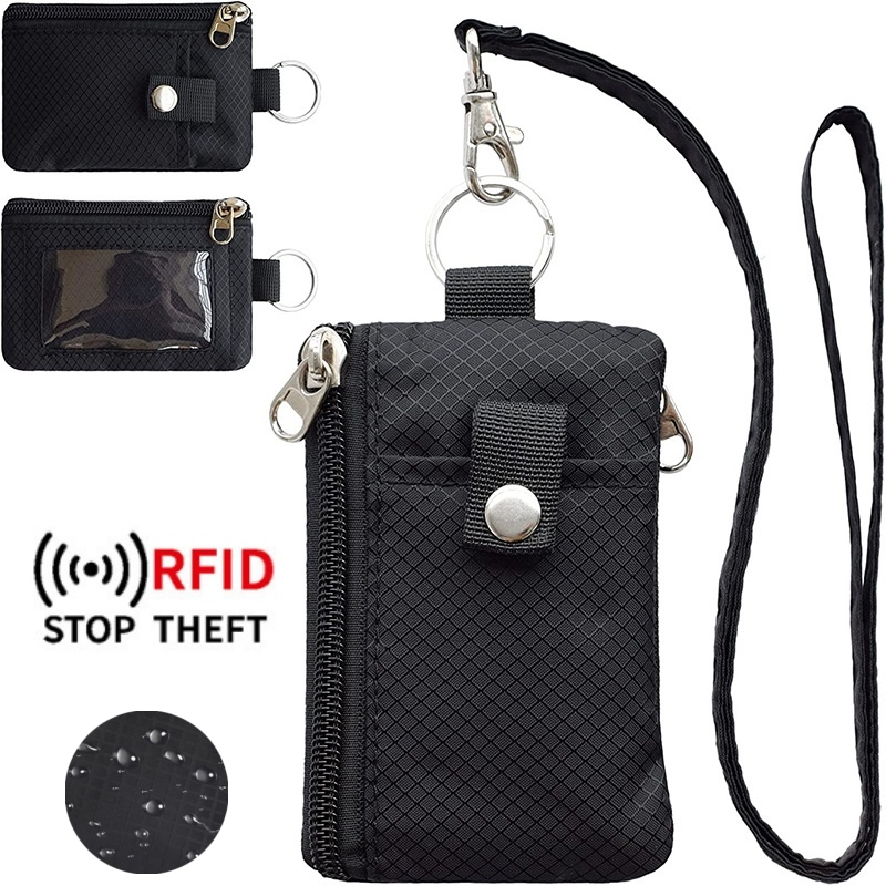 กระเป๋าสตางค์ใบเล็ก RFID สไตล์มินิมอล พร้อมหน้าต่าง Id กันน้ํา มีซิป กระเป๋าสตางค์ พร้อมพวงกุญแจเชือกเส้นเล็ก สําหรับบัตร เงินสด การเดินทาง ผู้หญิง ผู้ชาย