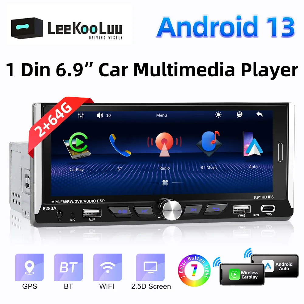 เครื่องเล่นมัลติมีเดีย 2.5D IPS Android 13.0 6.9 นิ้ว 1 Din 2G+64G GPS สเตอริโอ บลูทูธ สําหรับรถยนต์ Android