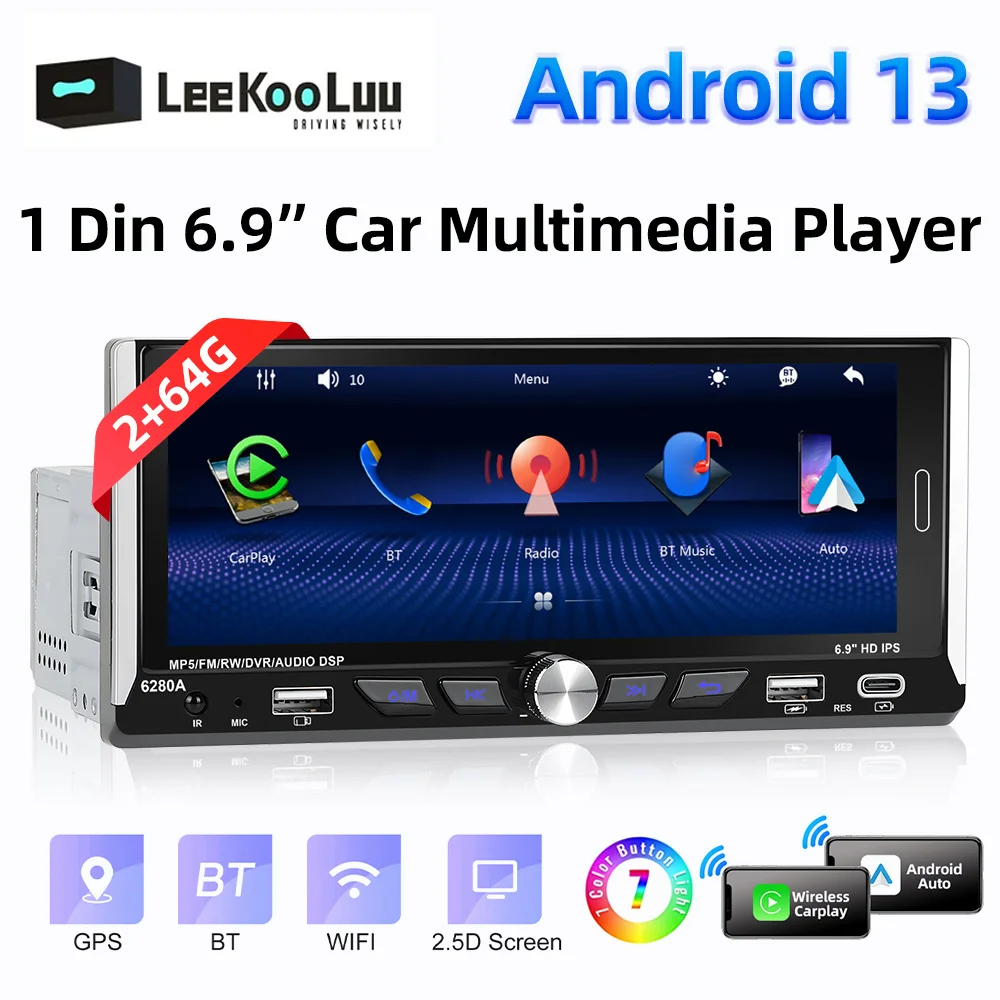 เครื่องเล่นมัลติมีเดีย 2.5D IPS Android 13.0 6.9 นิ้ว 1 Din 2G+64G GPS สเตอริโอ บลูทูธ สําหรับรถยนต์