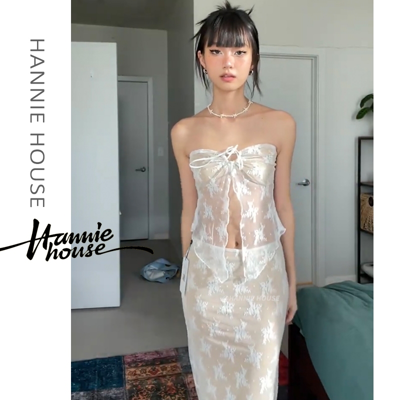 Hannie- เสื้อท็อปส์ แต่งลูกไม้ พร้อมกระโปรงยาว แฟชั่นฤดูร้อน สําหรับผู้หญิง 2 ชิ้น