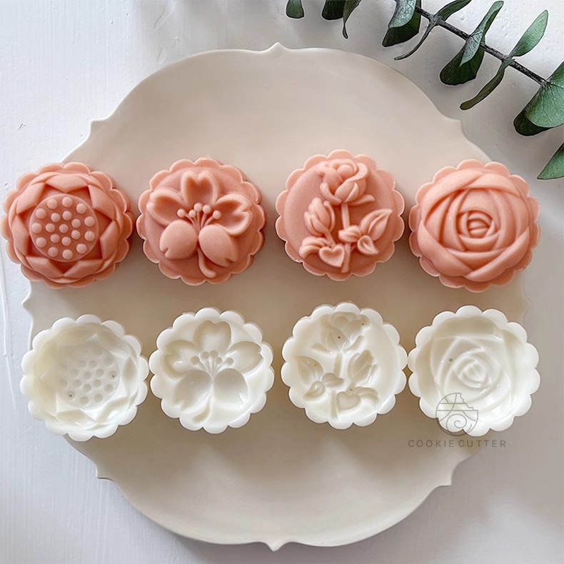 4 ชิ้น/เซ็ต 50 กรัมดอกไม้ Mooncake แม่พิมพ์ Tulip Cherry Blossom Rose Lotus รูปแบบคุกกี้แสตมป์ Fondant ตกแต่ง Mung Bean เค้กเครื่องมือ