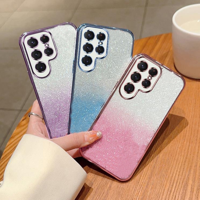 เคสโทรศัพท์มือถือแบบนิ่ม TPU ใส แต่งโครเมี่ยม ไล่โทนสี สําหรับ Samsung Galaxy S23 S22 S24 S21 Plus Note 20 S20 FE