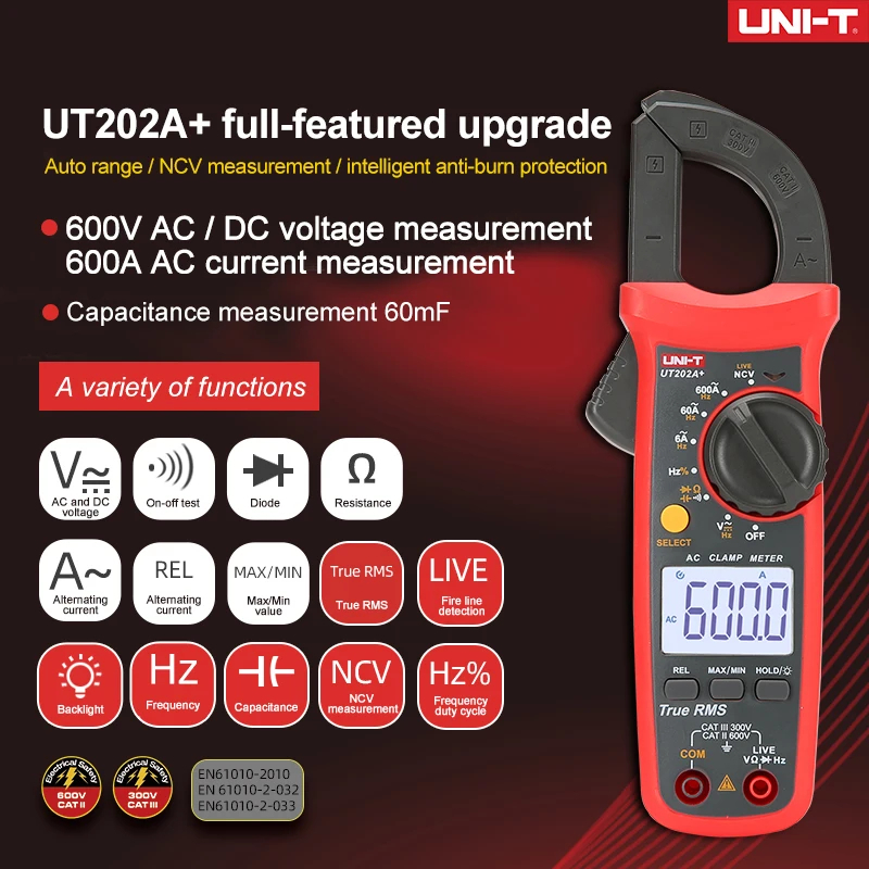 UNI-T AC แคลมป์มิเตอร์วัดกระแสไฟฟ้า UT204+ UT202A+ 600A คีมแอมมิเตอร์ดิจิทัล แบบมืออาชีพ True RMS เค