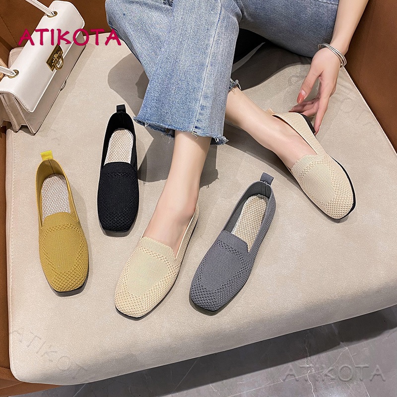 Atikota รองเท้าลําลอง ส้นเตี้ย ปากตื้น ระบายอากาศ กันลื่น แฟชั่นสําหรับสตรี