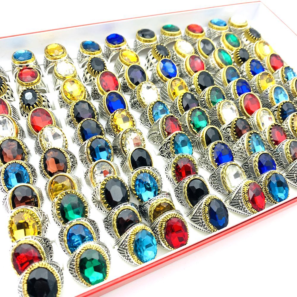 25ชิ้นชาติพันธุ์แหวนสําหรับผู้ชายและผู้หญิงขอบทองโบราณชุบเงินผสมรูปแบบแก้วหินเครื่องประดับวินเทจ