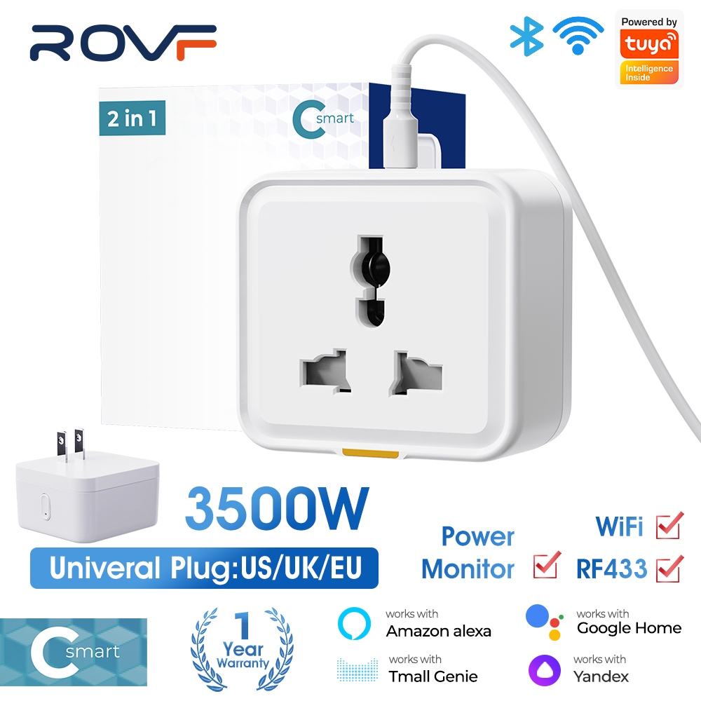 Rovf Tuya อะแดปเตอร์ซ็อกเก็ตปลั๊กไฟ Wifi Us เป็น Eu Uk 16A สําหรับ Google Home Alexa