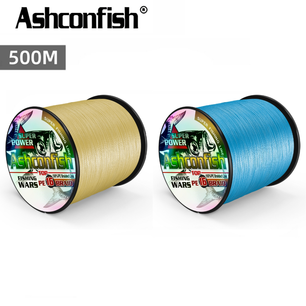 Ashconfish สายเอ็นตกปลา PE แบบถัก 16 เส้น 500 เมตร PE X16 สีเหลือง สีฟ้า