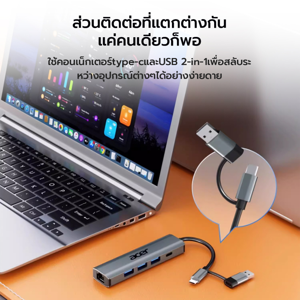 Acer อะแดปเตอร์แปลงสายเคเบิลอีเธอร์เน็ต Type-C USB 3.0 2.0 ความเร็วสูง สําหรับแล็ปท็อป และเดสก์ท็อป